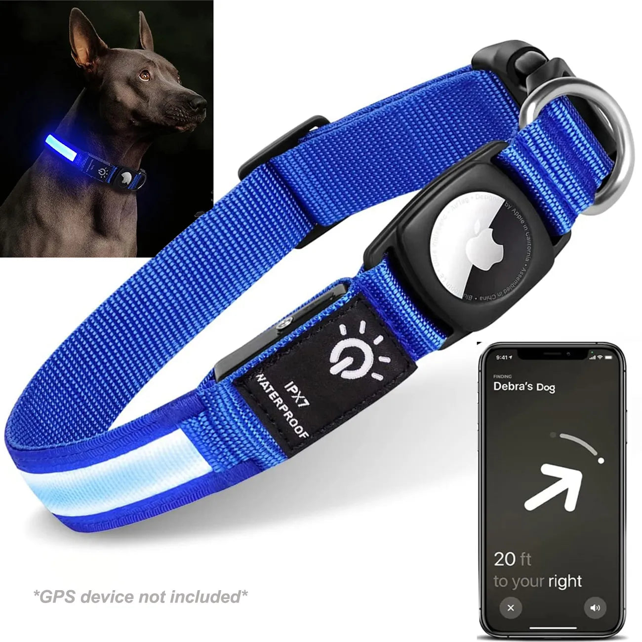 Blue Apple Airtag WaterProof USB Rechargeable LED Dog Collar