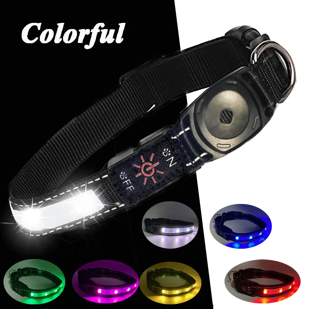 Black Apple Airtag WaterProof USB Rechargeable LED Dog Collar