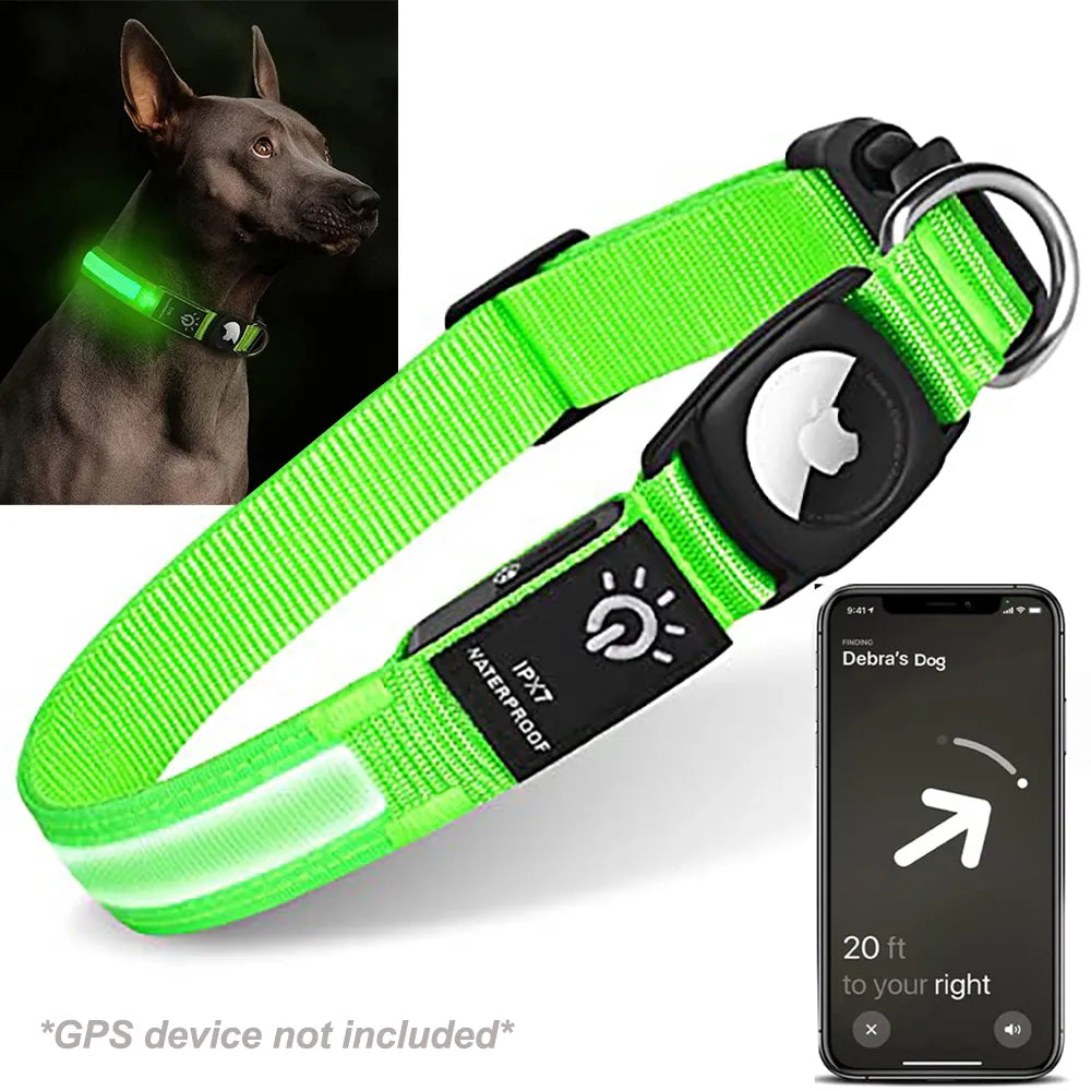 Green Apple Airtag WaterProof USB Rechargeable LED Dog Collar