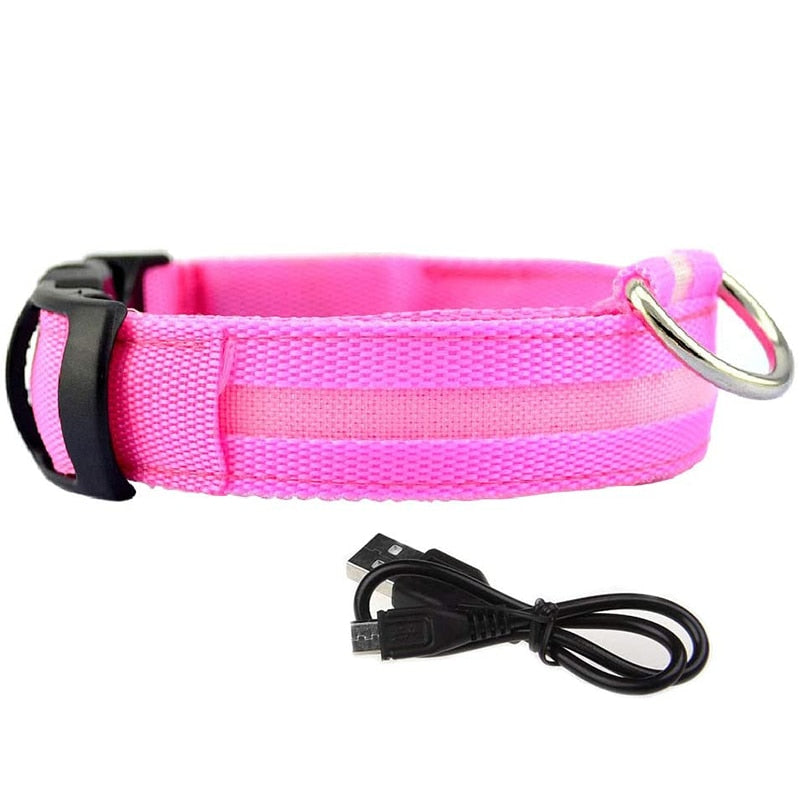 Pink Rechargeable LED Dog Collar - Waterproof, Adjustable Luminous Safety