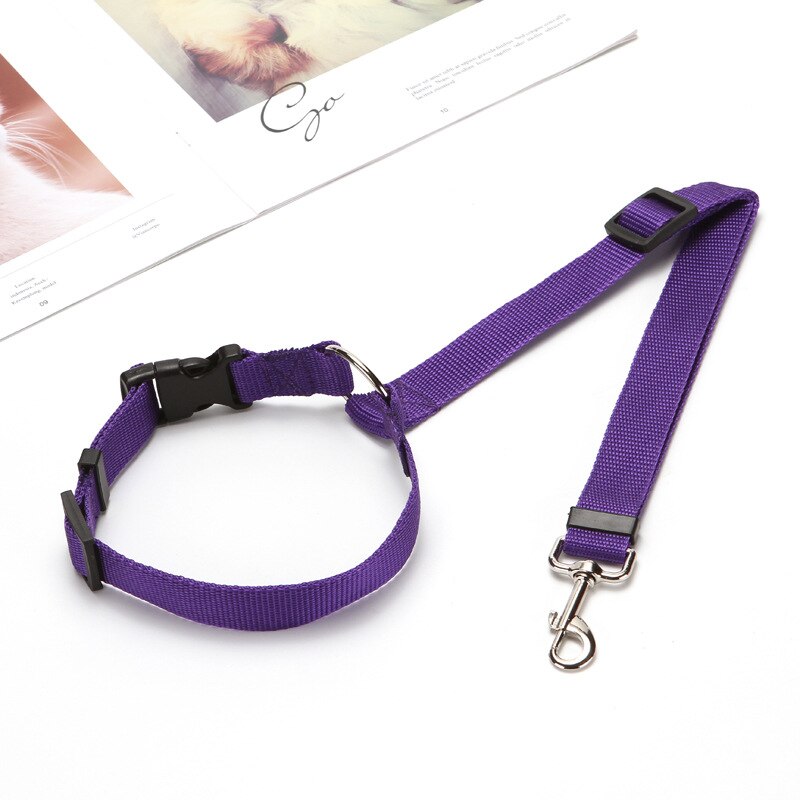 Purple Two-in-one Nylon Adjustable Dogs Harness Collar Car Seat Safety Belt