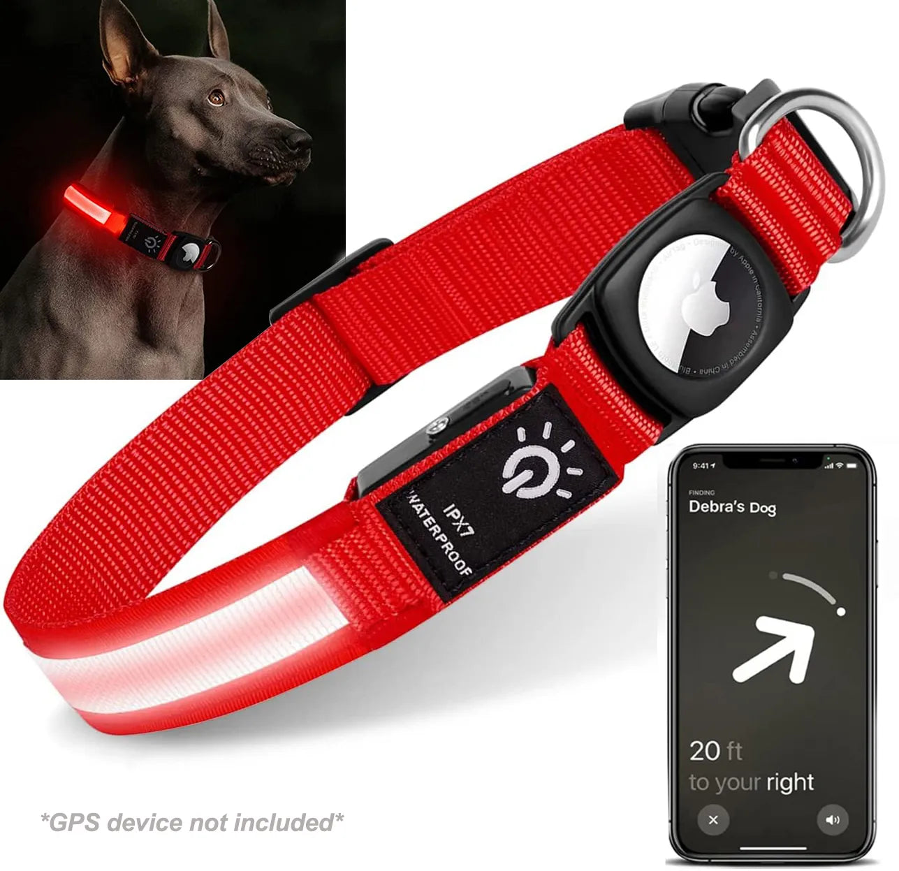 Red Apple Airtag WaterProof USB Rechargeable LED Dog Collar